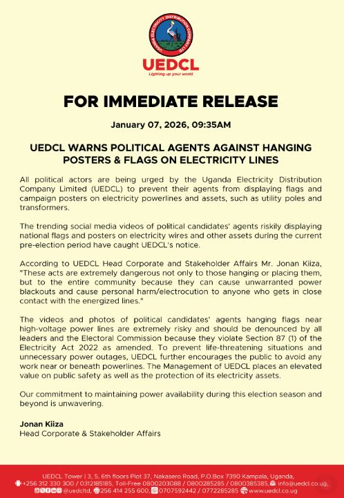 UEDCL Warns Political Agents Against Hanging Campaign Posters On Power Lines