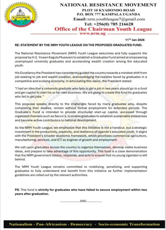 NRM Youth League Backs President Museveni Proposal For Graduates Fund To Tackle Unemployment
