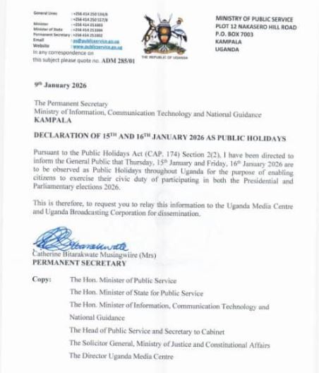 Uganda Declares January 15th And 16th, 2026 Public Holidays For General Elections