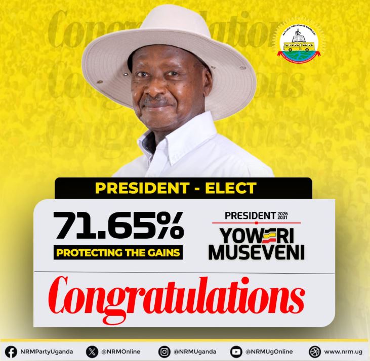 NRM Congratulates Museveni On His 71.65% Presidential Election Victory