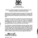 Schools Nationwide To Reopen On February 10, Education Ministry Announces