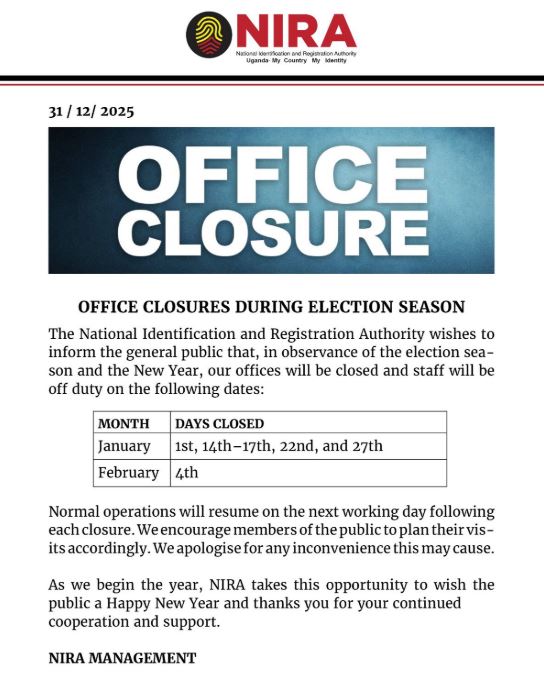 NOTICE! NIRA Announces Office Closures On Selected Dates In January, February 2026