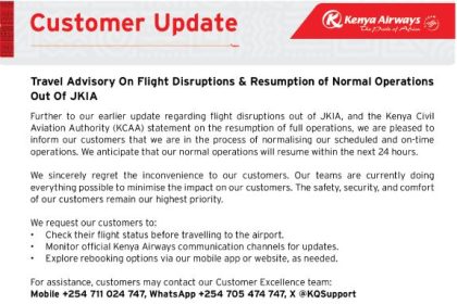 Kenya Airways Announces Resumption Of Flights At JKIA After Strike Disruptions