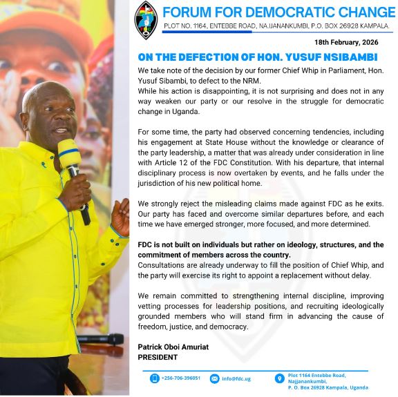 FDC President Patrick Amuriat Reacts To Yusuf Nsibambi's Defection To NRM