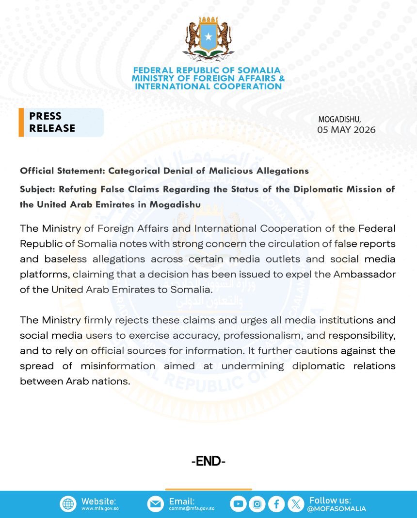 Somalia Rejects "Baseless" Claims Of UAE Ambassador Expulsion