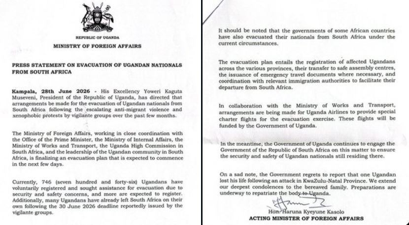 Government Sets Deadline For Evacuating Ugandans From South Africa